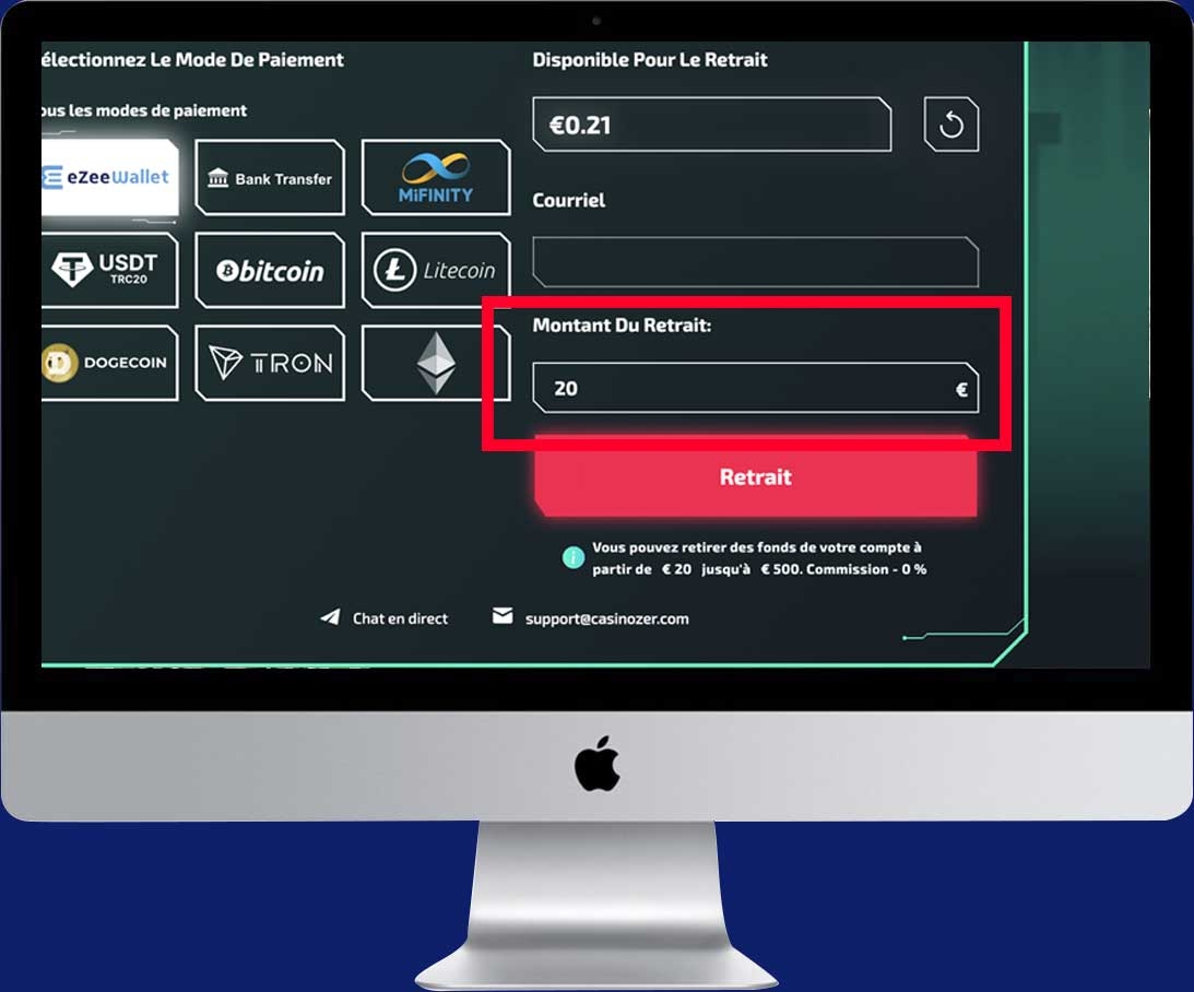 Selectionner le montant du retrait sur Casinozer