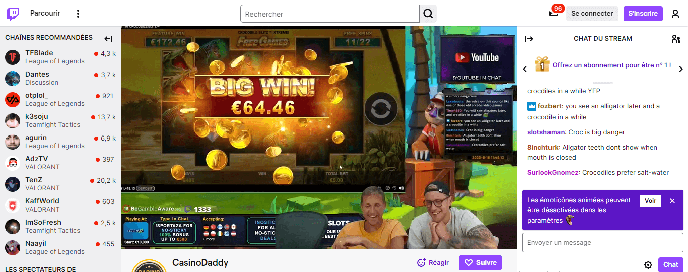 Interface de la plateforme de streaming Twitch