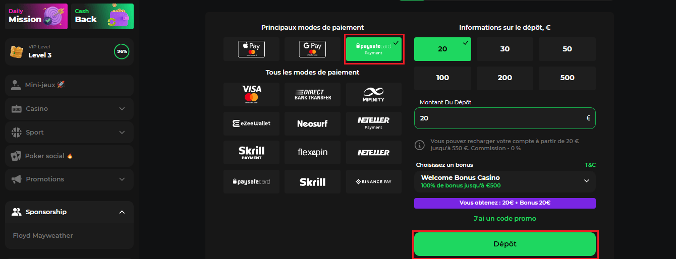 déposer avec Paysafecard