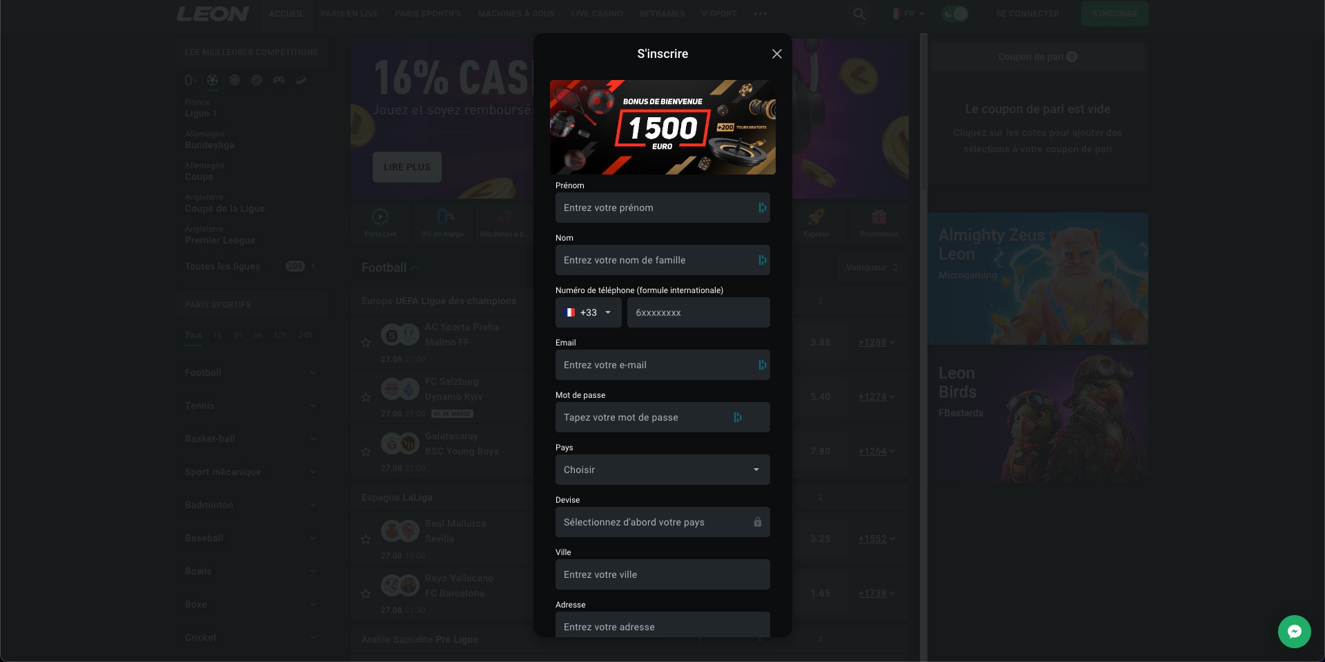 s'inscrire sur le casino en ligne Leon57